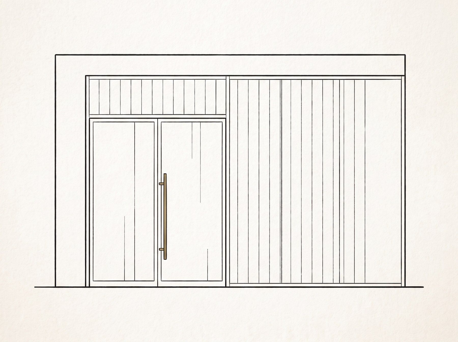 Line illustration of an interior glass entry door and full-height glass partition wall with a long pull handle