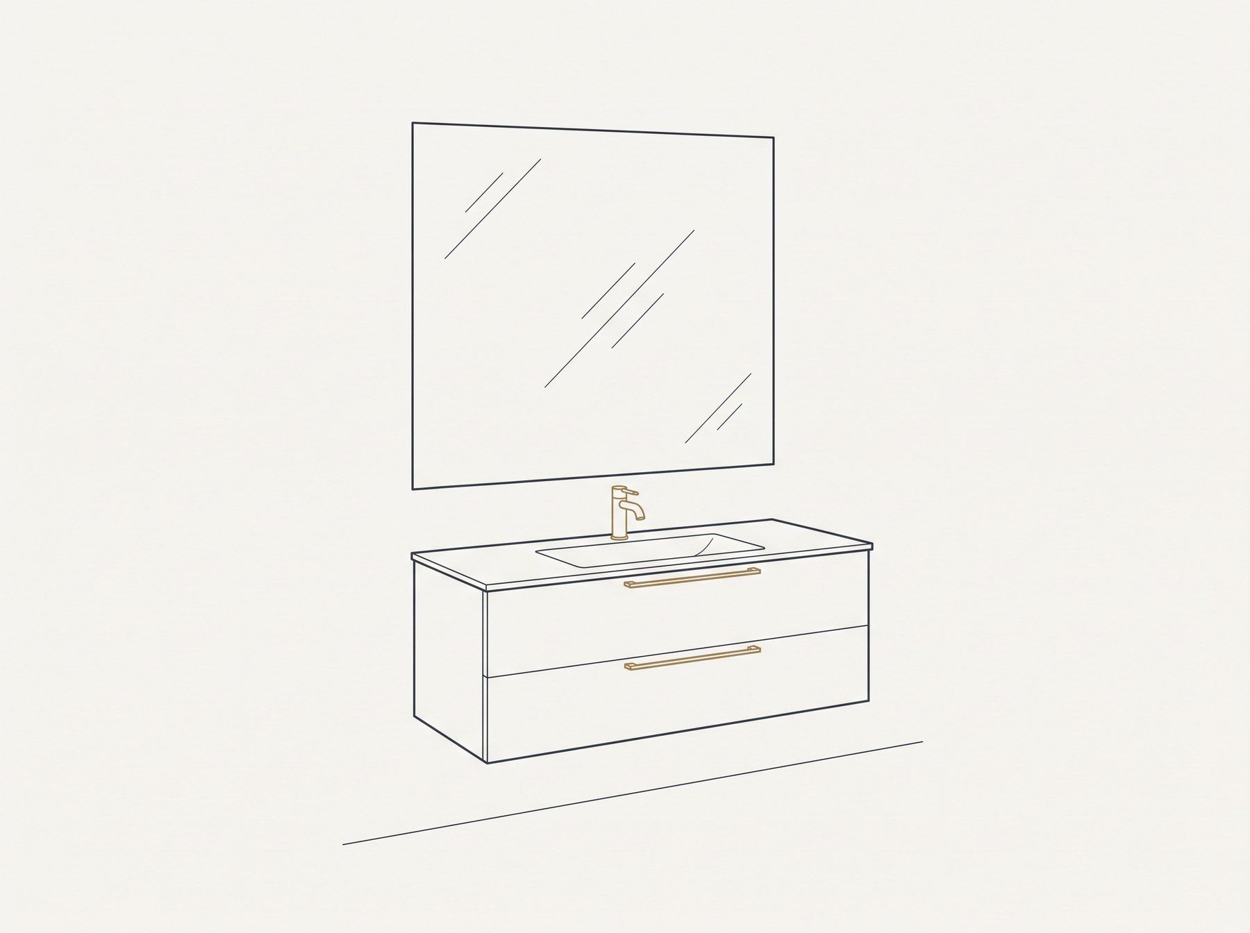 Line illustration of a large frameless wall mirror mounted above a wall-hung vanity