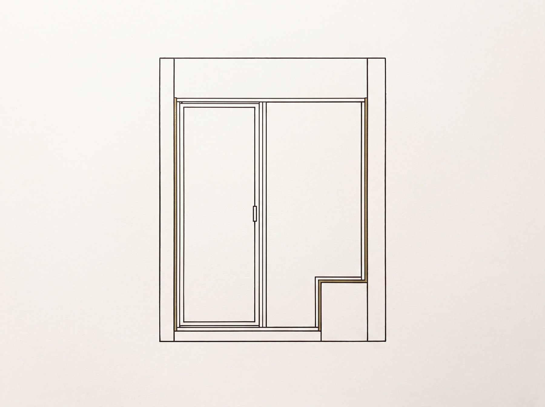 Line illustration of a framed glass shower door and fixed panel set into a slim metal frame within an alcove