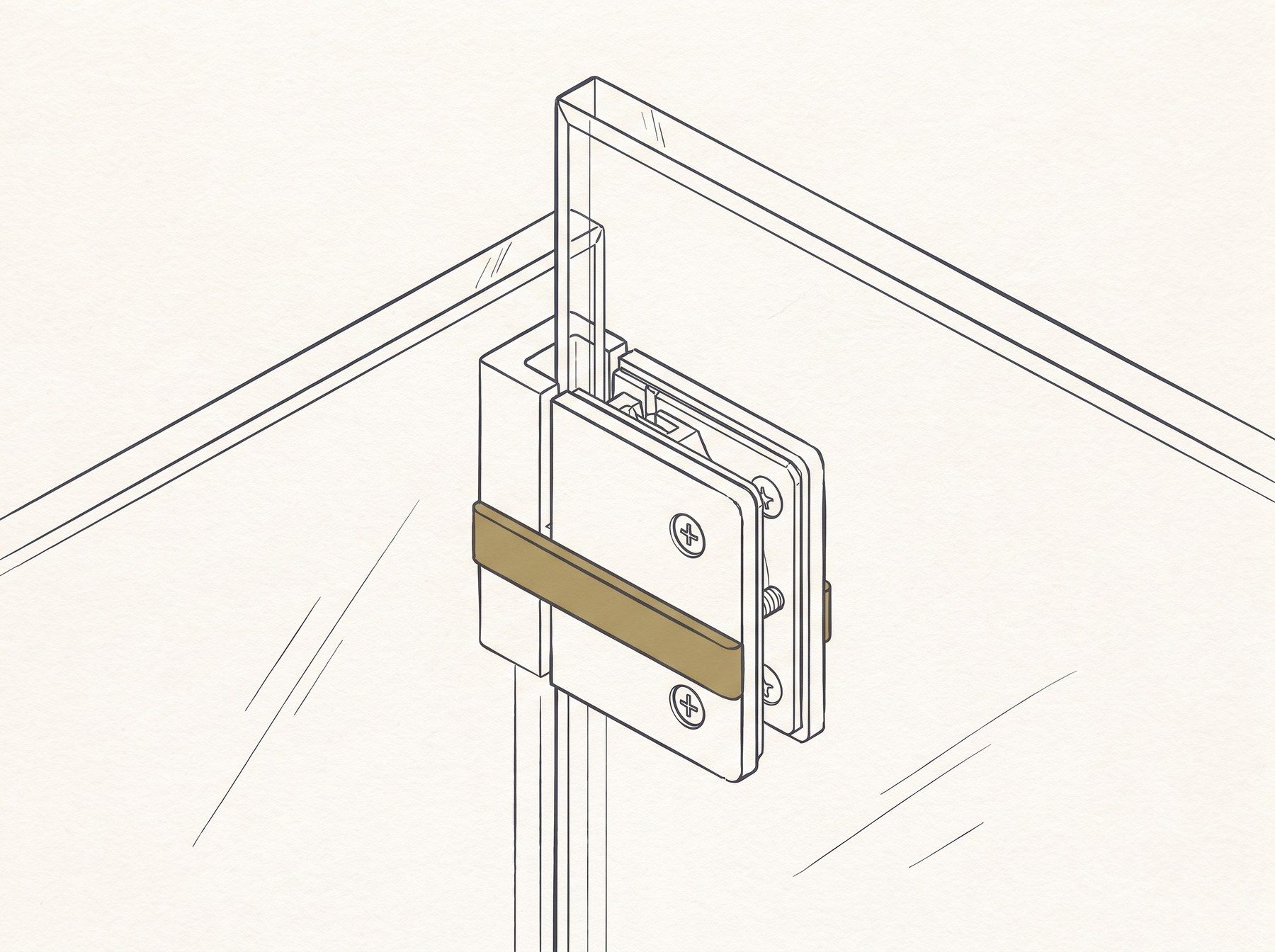 Line illustration of a shower door hinge clamp gripping the edge of a glass panel, drawn as a close detail