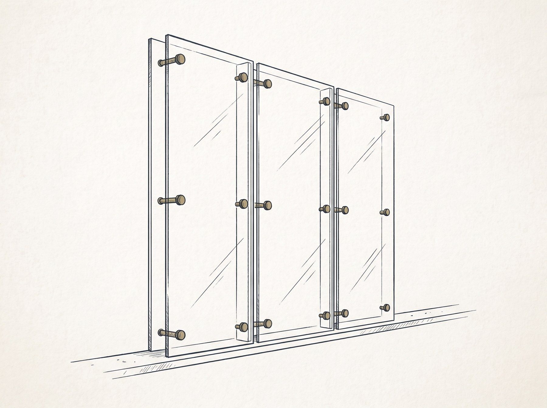Line illustration of a frameless glass railing made of three panels held by round standoff fittings