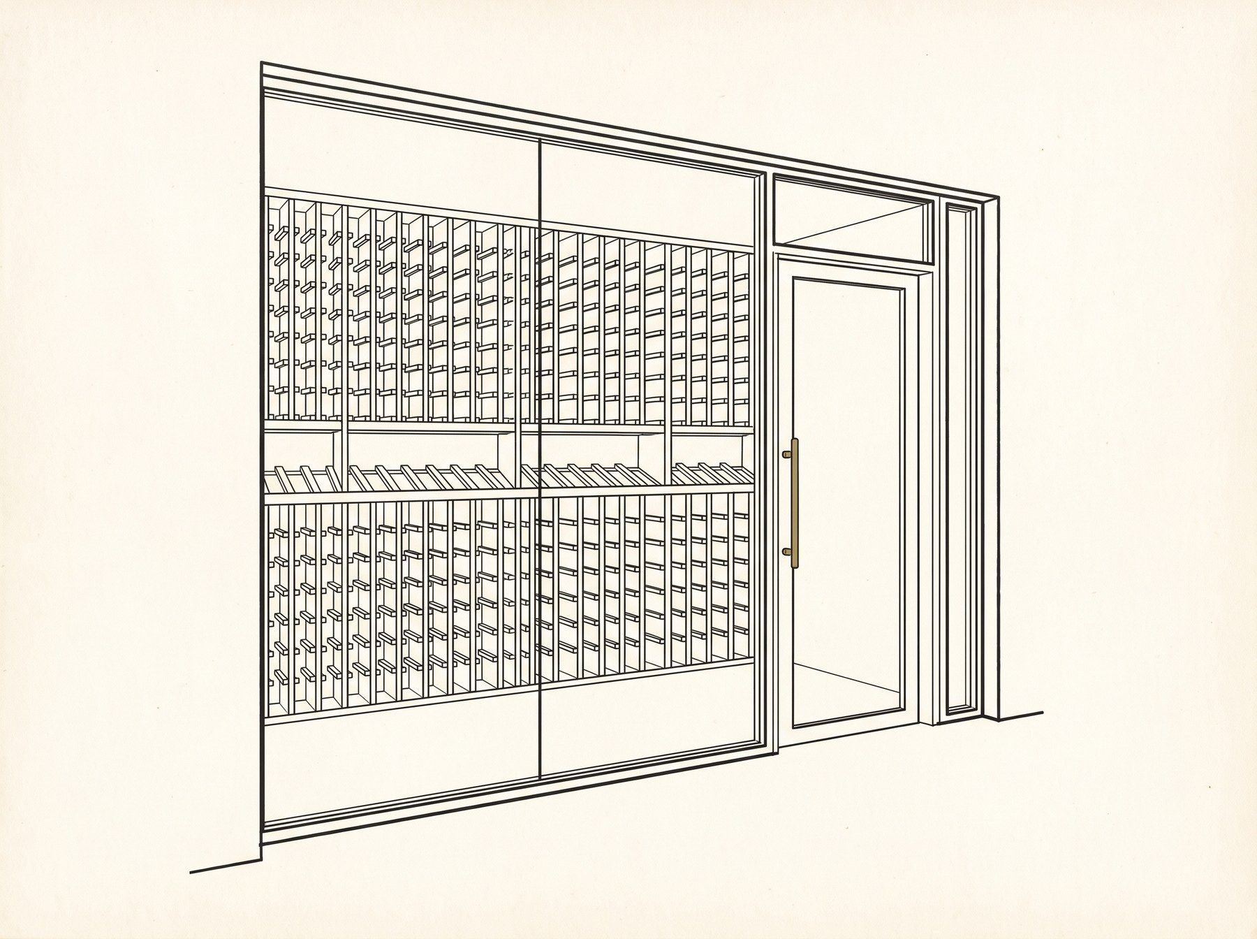 Line illustration of a glass-walled wine room with a glass door and bottle racking behind the glass